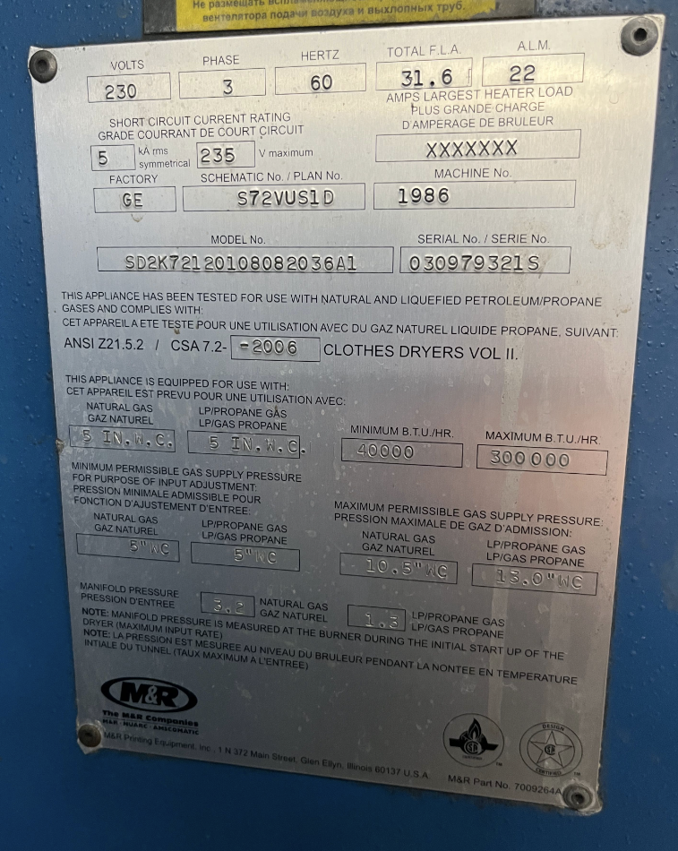 M&R Sprint 2000 Gas Dryer 72” belt