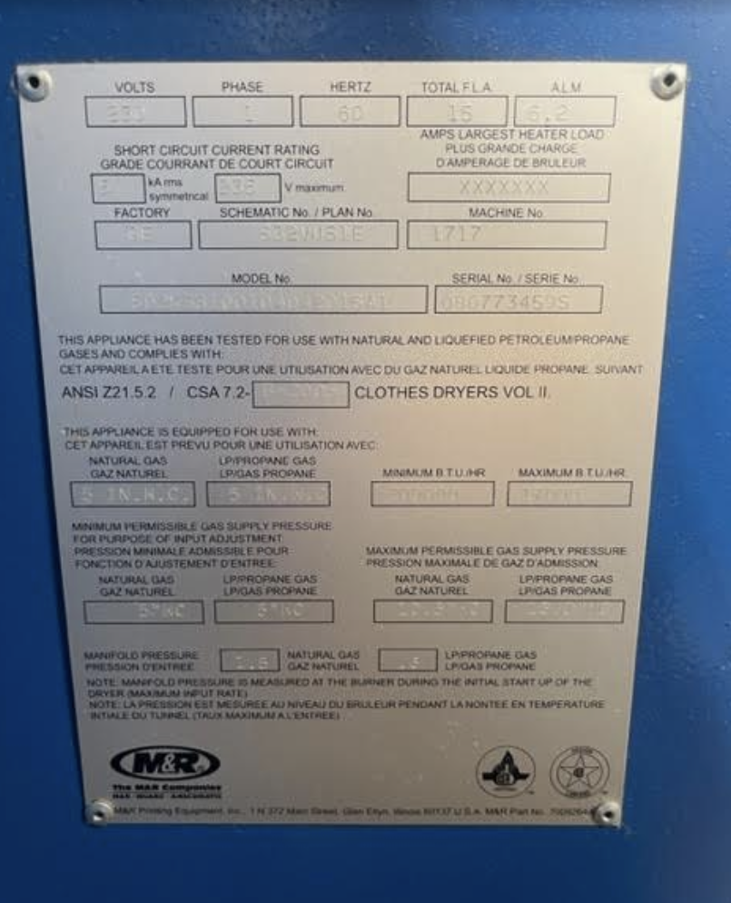 M & R Mini Sprint all Gas Dryer