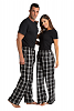 Black and White Plaid Flannel Unisex Pajama Pants-zyn_blank_couplepajamapants_blackshirt_front3_full_blackwhite.png